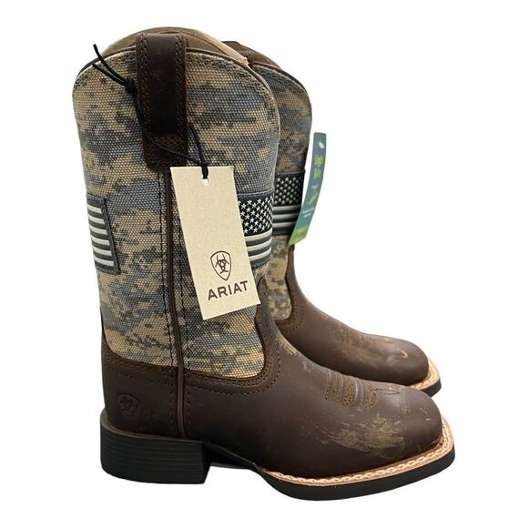 ARIAT BOOTS Kids 8 CAMO PATRIOTIC WESTERN SQUARE TOE CHILDREN USA FLAG Brown - Picture 10 of 11